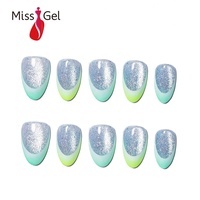 OEM ODM Faux ongles à presser en gel acrylique épais, effet œil de chat scintillant, ombré vert néon, vente en gros avec colle