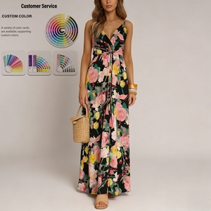 Vestido largo personalizado con estampado floral negro, cuello en V profundo, cintura con lazo, estilo bohemio para vacaciones <span class=keywords><strong>de</strong></span> verano en la playa, vestido afgano. - Product Image 1