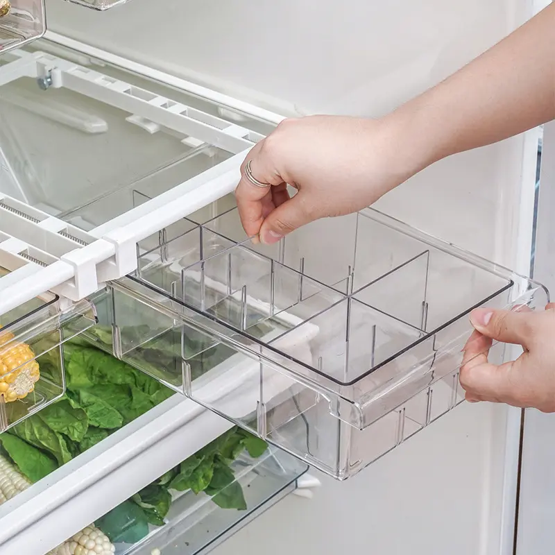 Kitchen PET Plastic Transparent Adjustable Divider Hanging Drawer 8-grids Refrigerator Fridge Organizer for Food