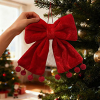 3 Größen Rote Samtschleife Weihnachtsschmuck mit Pompons Klassische Innendekoration 7 Zoll Handgefertigte Feiertagsdekoration nach Maß