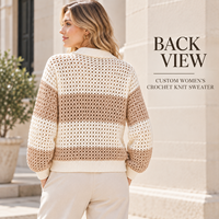 Pull ample en tricot crocheté rayé à col polo ajouré pour femme, idéal printemps-automne
