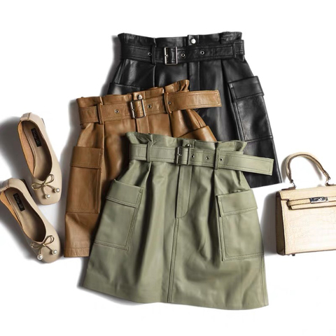 2318 Ins Hot Style High Waist Sheepskin Short Skirt Street Fashion Genuine Leather Mini Cargo Skirt