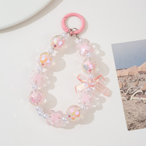 Porte-clés Kawaii en perles acryliques AB, dragonne anti-perte pour téléphone, avec nœud mignon et fleur, cordon de poignet coloré pour filles - Product Image 5