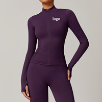 Vêtement de sport pour femme, haut de yoga à manches longues avec trou pour le pouce, veste de sport zippée, haut de sport zippé ajusté