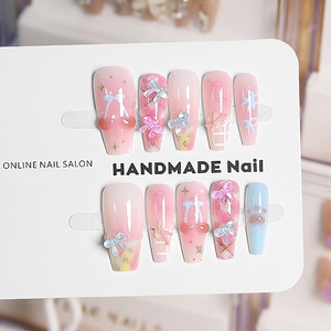 Uñas Postizas Largas Estilo Ataúd, Color <span class=keywords><strong>Rosa</strong></span>, con Diseño 3D de Lazo, Corazón y Estrella Dorada, Hechas a Mano, para Bodas, Uso Diario, Fiestas y Eventos - Product Image 3