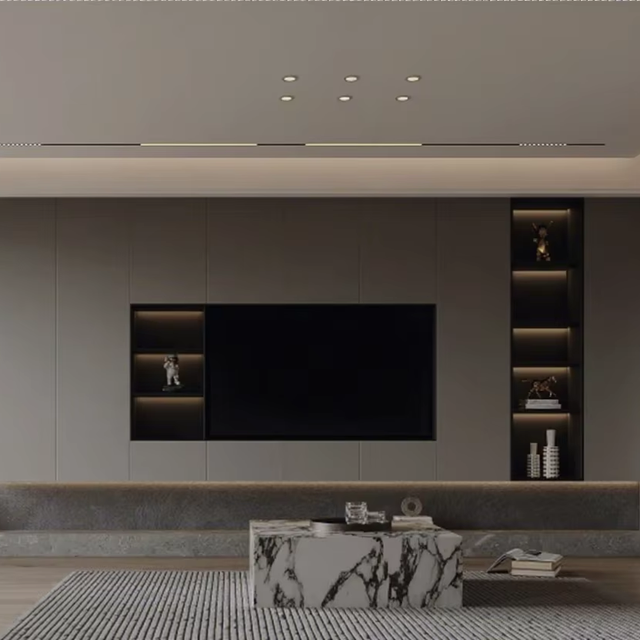 Italian Luxury TV Wall Unit Durable Wood Veneer Fluted Panel | Floating Fireplace | LED Lighting