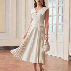 High Quality Summer Casual Temperament Elegant Commuting Fashion Solid Color Vest Pleated <strong>Dress</strong> - Product Image 4