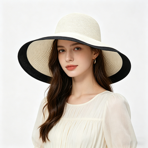 [Your Brand] Beige Black Trim Canvas Sun <b>Hat</b> Wide Brim UV Protection Foldable Image Style Outdoor <b>Hat</b> for Unisex - Product Image 1