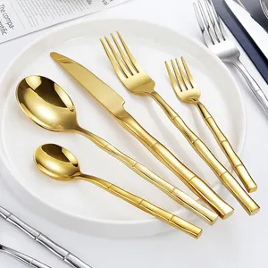 Tal heres Dourado Besteck Set Löffel Gabel Messer Edelstahl Besteck Set Bambus geformte Griff Hochzeit Bulk Gold Besteck