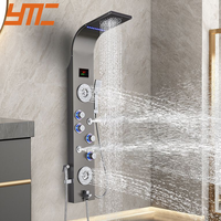 Paneles de Ducha de Lujo YMC de Acero Inoxidable Negro Montados en Pared con Efecto Lluvia, Cabezal de Ducha de Lluvia Termostático LED, Gran Venta para Salones