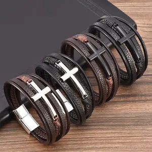 Wholesale Multilayer Braided Leather Bracelet With Magnetic Clasp Charm Cross Leather Bracelet Bangle For Men Jewelry