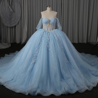 Robe de Quinceañera bleu ciel sans bretelles Hmy22, robe de bal de soirée, appliqué en dentelle perlée de cristaux lourds Jancemebr
