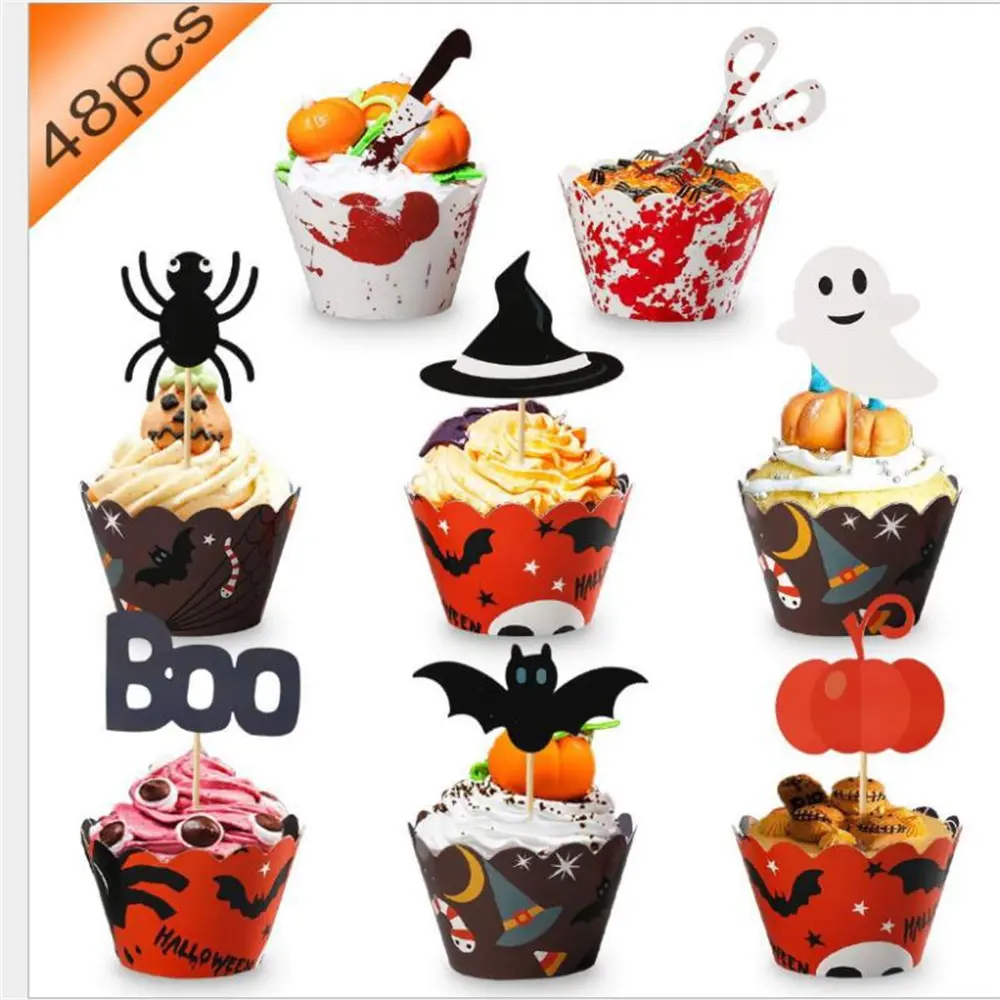 Halloween Cupcake Topper Bolo Wrappers Fantasma Vampiro Sangrento Bat Bolo Ornamento para Halloween Sobremesa Decorações