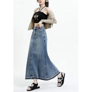 <b>Women's</b> High-Waisted A-Line <b>Maxi</b> Denim <b>Skirt</b> with Button Decoration Frayed Raw Hem Washed Technique Casual Y2K Style for Summer - Product Image 2
