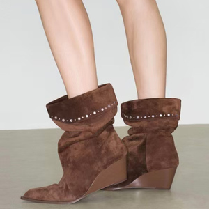 Women's Diamonds High Wedge Heels Ankles <b>Boots</b> Wide Top on Shoes Pointed Toe Suede Pleated Short Booties - Product Image 1