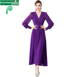 Robe longue élégante pour femme, prête à être expédiée, jupe plissée violette tendance, manches longues, col en V, pour les soirées. - Product Image 6