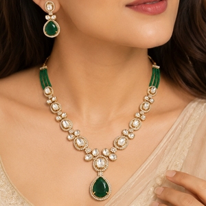 925 Silver <b>Necklace</b> and Earrings Set for Women Green Stone Pearls Kundan Work Traditional Indian Jewelry Bridal Party Gift - Product Image 1