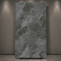 Des dalles de pierre frittée Verona gris foncé de 900x1800 mm, revêtues d'un vernis, sont utilisées pour le mur de fond du projet.