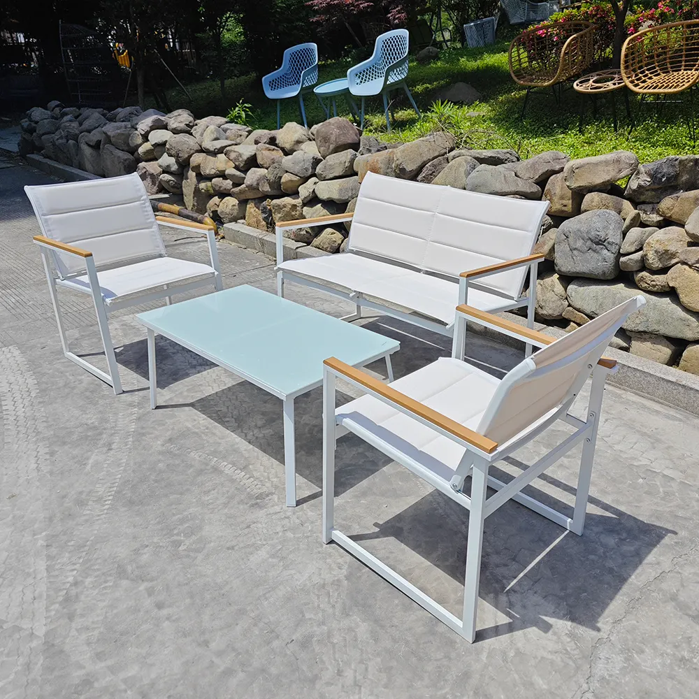 Set di conversazione all'aperto in acciaio 4 pezzi moderno YASN con cuscini bianchi mobili da giardino set divano per uso appartamento cortile