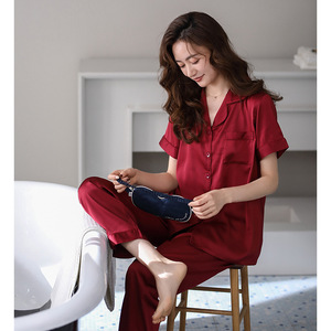 Bộ đồ ngủ lễ hội của cặp đôi nữ lụa băng lụa ngắn tay Quần Nam phù hợp với eo lớn màu đỏ co giãn mùa xuân mùa thu - Product Image 6