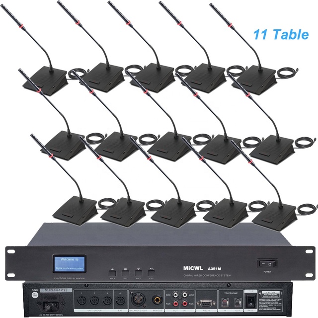 Pro 11pcs Digital Wired Conference System 1 Chairman Unit Long Microphones Built-In Speaker 10 Delegate Unit Basic Control Unit