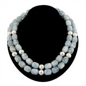 Fancy Double Layer Natural Stone Resin Beaded <b>Necklace</b> Stylish Light <b>Blue</b> and Silver Faceted Beads Unisex Fashion Jewelry - Product Image 1