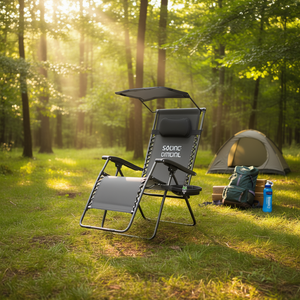 Chaise pliante inclinable portable Sound Omual avec auvent pare-soleil et porte-gobelet, chaise de plage et de jardin d'extérieur, gris, aluminium, tissu Oxford - Product Image 2
