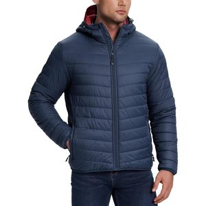 Chaqueta acolchada con capucha para hombre, color azul marino, ligera, con relleno alternativo a plumón, cierre de cremallera, informal. - Product Image 1