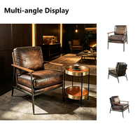 Fauteuil d'appoint vintage industriel en cuir véritable avec structure métallique antique et accoudoirs en bois massif pour salon ou club