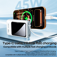 Batterie externe REMAX 02PD 20000mAh, charge rapide PD 45W, pack de batterie USB C avec câble intégré, chargeur portable mini pour ordinateur portable et téléphone