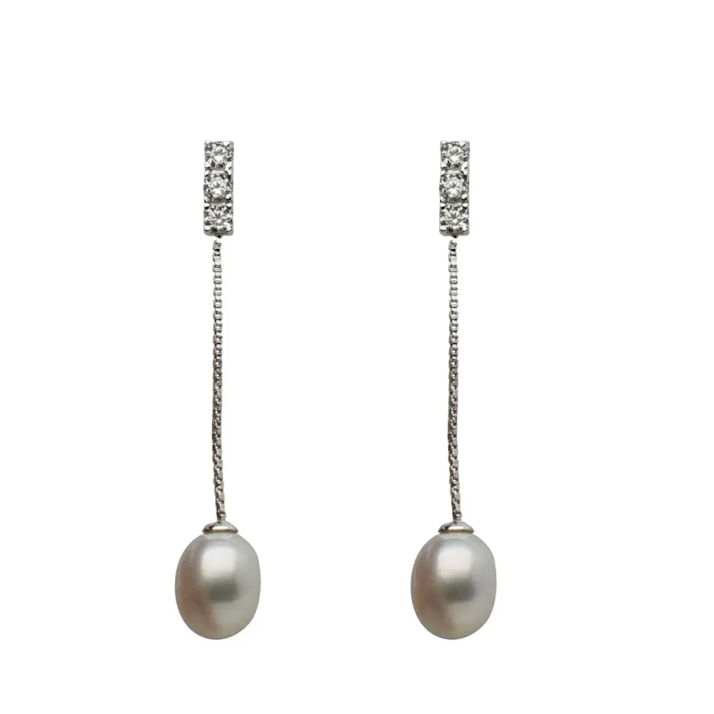 High Quality Slender Dangle Earrings Freshwater Pearl Long Drop Earrings 925 Sterling Silver Earring