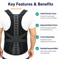 Correcteur de posture noir avec bretelles rembourrées, supports magnétiques pour la colonne vertébrale et bandes croisées en X pour la taille