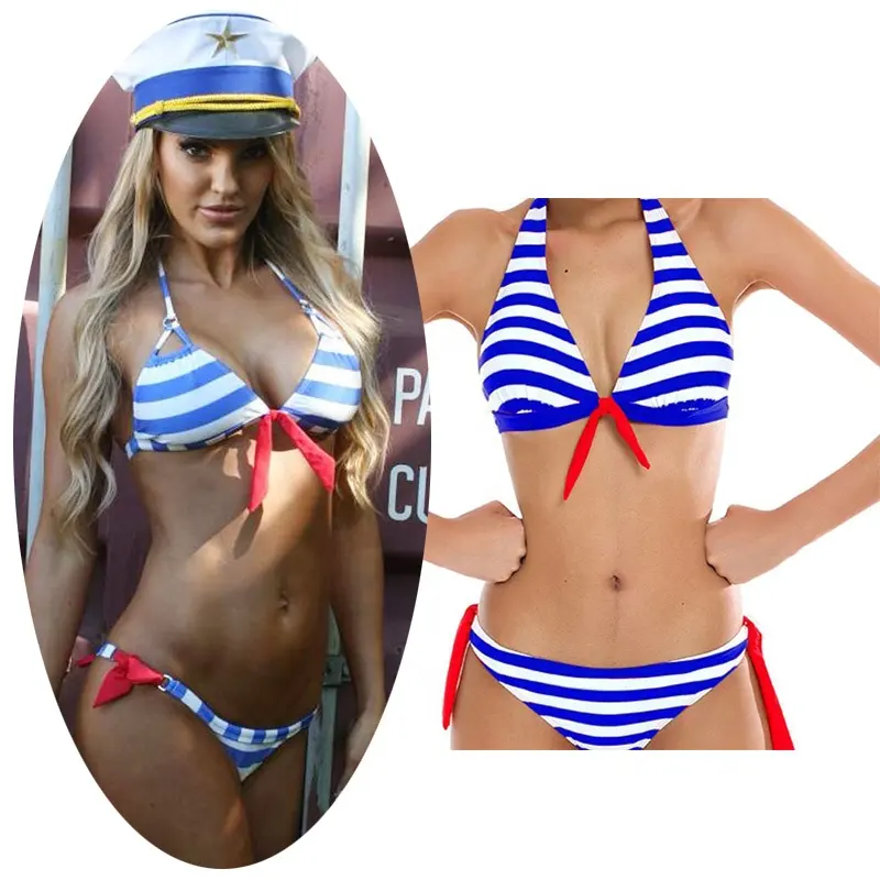 Swimwear Women Sailor Stripe Bikinis Sets Brazilian Two Piece Bathing Suits Thong Bodysuit Halter Top Swimsuit Bottom