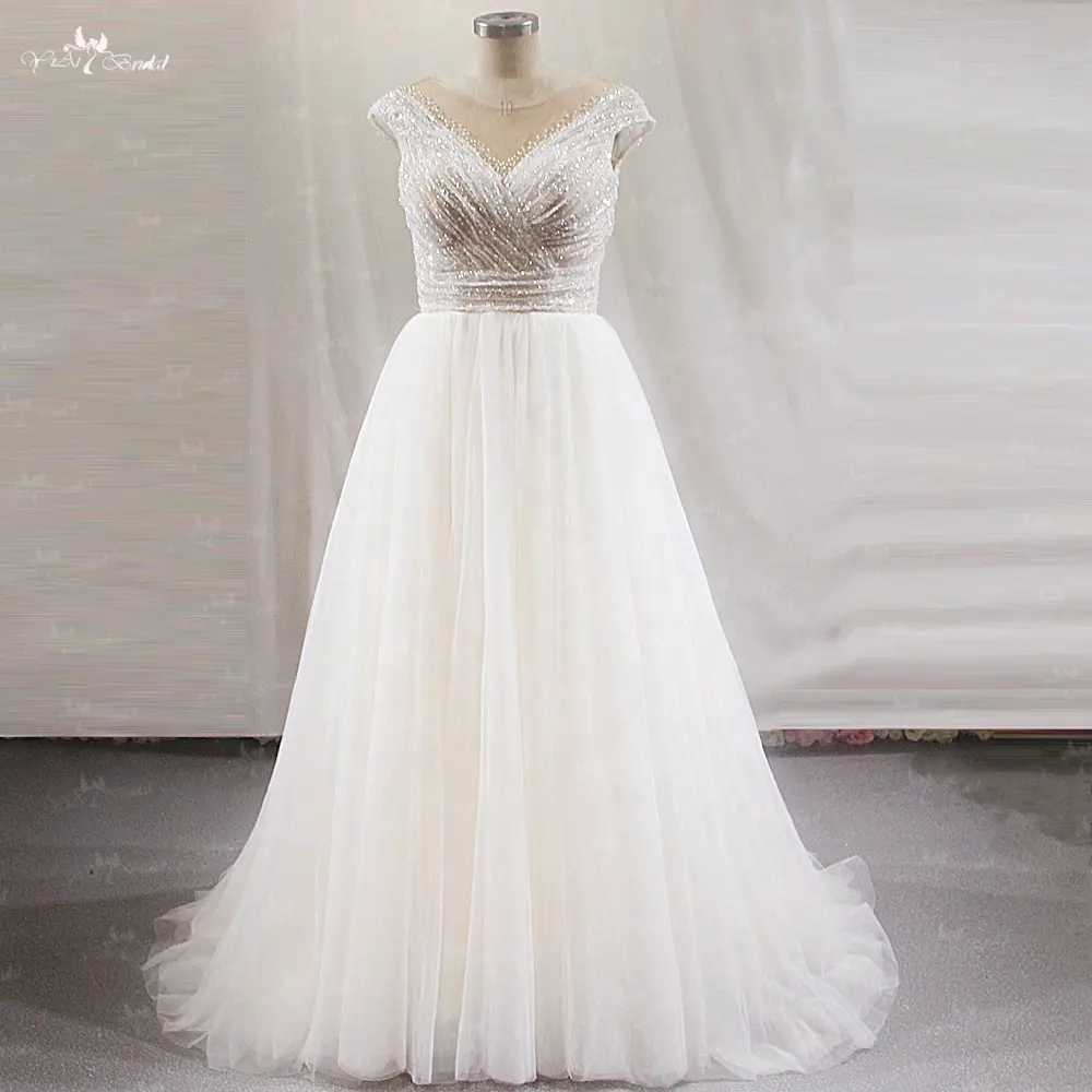 LZ496 Elegant Light Champagne A-line Soft Tulle Wedding Dress With Split Princess Shiny Crystal Bead Bridal Dress