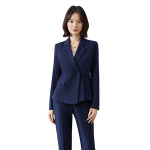 Women's Professional Suit Set Navy Blue Wool Blend Anti-Wrinkle Skirt Pants Option For Office Commute Workwear - Product Image 5