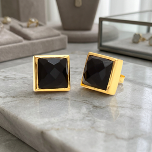 Black Onyx Gemstone Classic Bezel Setting 14k Gold Plated <b>Silver</b> <b>Stud</b> Earrings - Product Image 3
