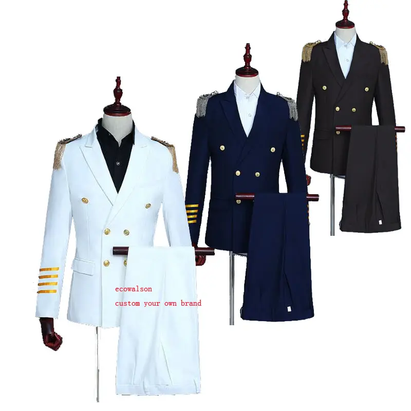 Ecowalson Kapten Petugas Pelaut Peacoat Kostum Mens Blazer Setelan Pinggiran Marching Band Jaket Seragam untuk Dewasa Mantel + Pa