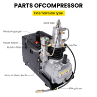 Compresseur d'air portable TUXING mini monocylindre 110V 220V 4500psi 300bar pour la plongée en apnée, le paintball, la chasse et les activités de plein air