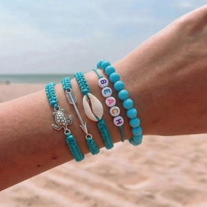 ชุดกำไลข้อมือแฟชั่นสไตล์ยุโรปอเมริกัน ประดับเปลือกหอยสีฟ้าคราม ลูกปัด ถักทอด้วยมือ โลหะผสมรูปเต่า สไตล์ชายหาด เครื่องประดับสำหรับทุกเพศ - Product Image 2