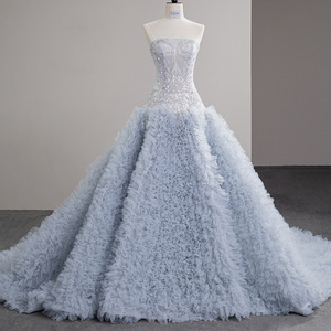 Robe de soirée élégante en tulle bleu, coupe trapèze, sans manches, à volants, avec paillettes, pour femme Sfy29 - Product Image 1