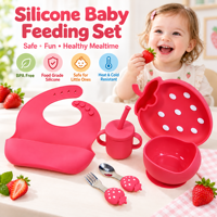 Ensemble d'alimentation pour bébé en silicone, kit de sevrage dirigé par l'enfant avec bol à ventouse et assiette fraise, bavoir, cuillère, fourchette, tasse pour bébés de 6 mois