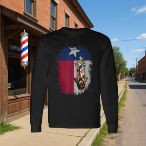 T-shirt à manches longues pour homme, col rond, avec impression sérigraphique du drapeau du Texas et motif de poteau de barbier, vêtement promotionnel - Product Image 3
