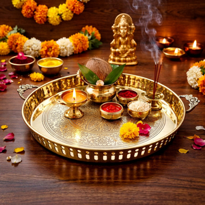 Handmade Embossed Pure Brass Puja Thali with Handle 12 Inch Round Pooja Plate Traditional Aarti Thali for Home Temple <b>Mandir</b> - Product Image 1