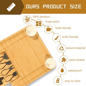 Tabla de cortar de queso cuadrada de bambú con juego de cuchillos Tabla de charcutería de madera que incluye bandeja redonda para servir y plato de cerámica - Product Image 6