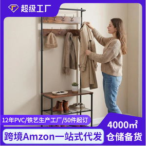 ราวแขวนเสื้อผ้าอเนกประสงค์โลหะพร้อมตะขอและชั้นวางสำหรับจัดเก็บในห้องนอน ชั้นวางเสื้อโค้ทแบบตั้งพื้น โครงเหล็ก ท็อปไม้ - Product Image 5