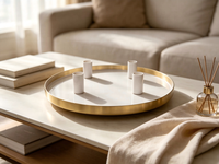 Plateau rond en métal pour bougies avec 4 coupelles à bougies, plateau blanc et bord doré, candélabre décoratif pour table