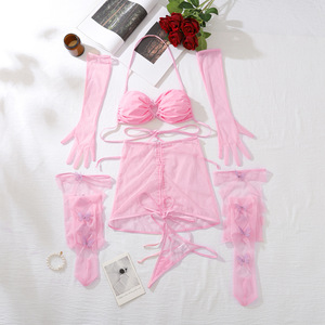 Nouveauté Ensemble de lingerie transparente avec bas et gants Sexy Couleur unie Col halterneck Ensemble de sous-vêtements - Product Image 6