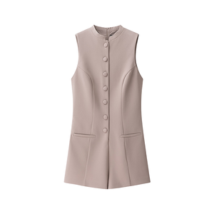 Mono Elegante de una Pieza para Mujer, Cuello Redondo, Botones, Sin Mangas, Color Caqui, Casual, Veraniego, Transpirable, Sólido, hasta la Rodilla, 100% Poliéster - Product Image 1