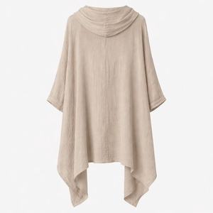 Cárdigan con Capucha de <span class=keywords><strong>Lino</strong></span> Color Beige Avena Personalizado para <span class=keywords><strong>Mujer</strong></span>, con Frente Abierto y Dobladillo Irregular, Corte Holgado Elegante para Damas. - Product Image 4