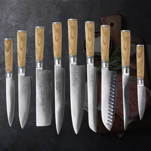 Kitchencare conjunto de facas de cozinha com cabo de madeira para chef, faca japonesa Gyuto, conjunto profissional de facas de cozinha em aço damasco